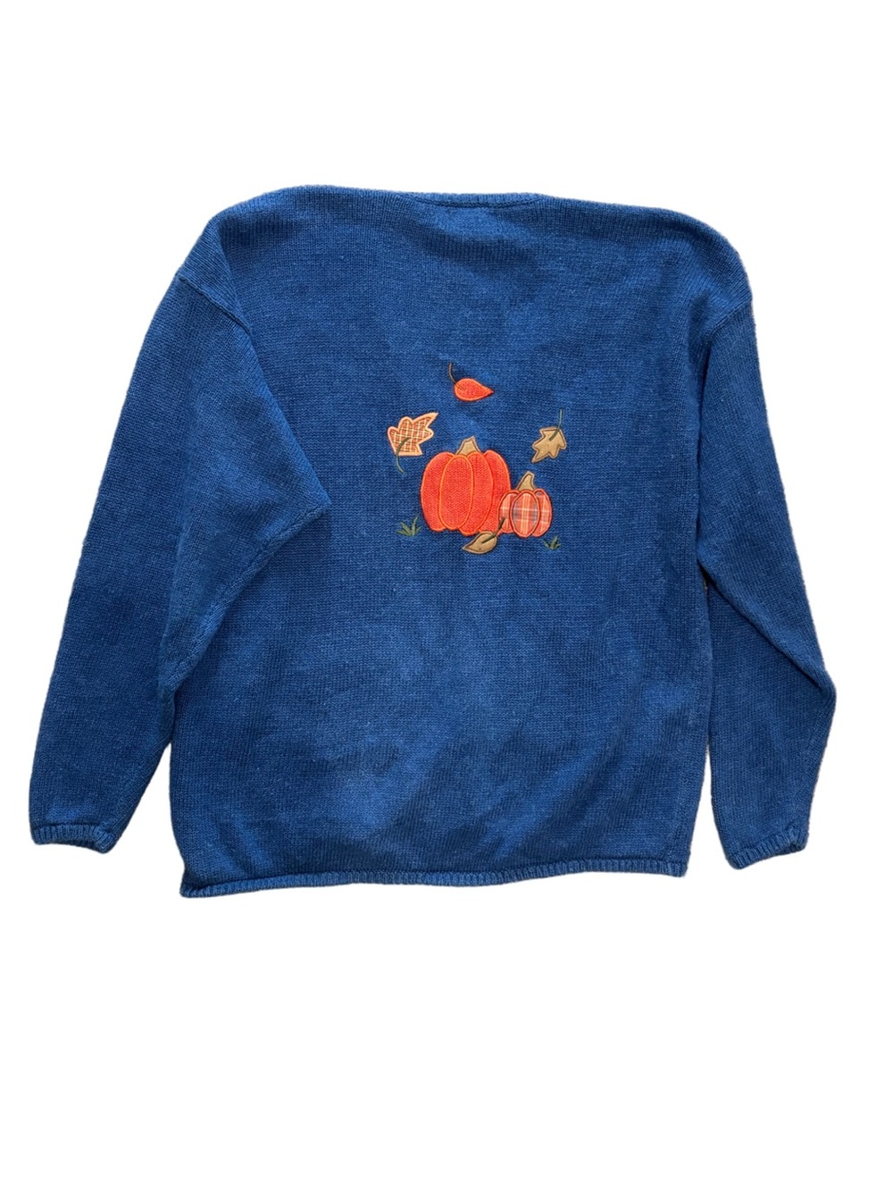 Vintage autumnal fall Halloween Cardigan Sweater Blue Pumpkin Black Cat M - Picture 3 of 4